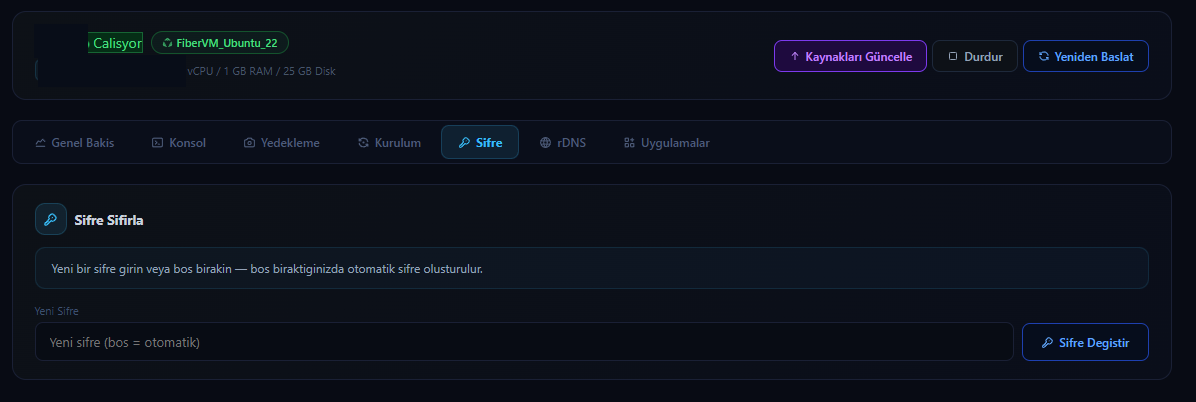 FiberVM VDS yönetici şifresi değiştirme ekranı
